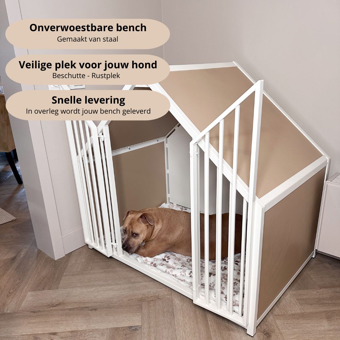 Hondenbench huisje staal en hout sand pearle