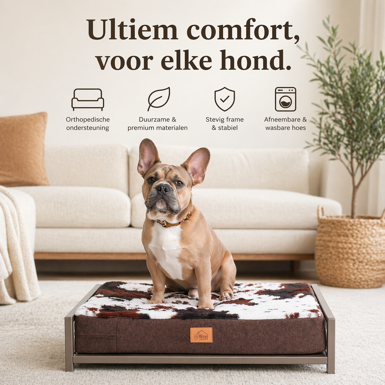 Stalen Hondenmand Taupe gepoedercoat met Koeienprint Kussen