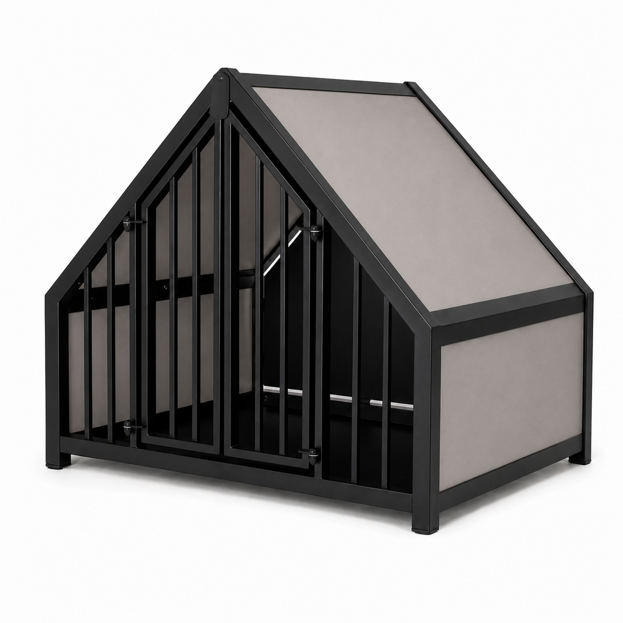 Hondenbench huisje staal en hout Clay in moderne design met zwart staal en grijze panelen.