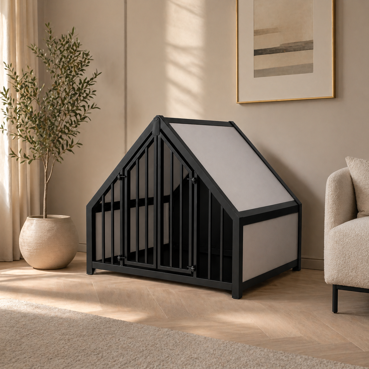 Hondenbench huisje staal en hout Clay in een stijlvolle woonkamer met een moderne inrichting.