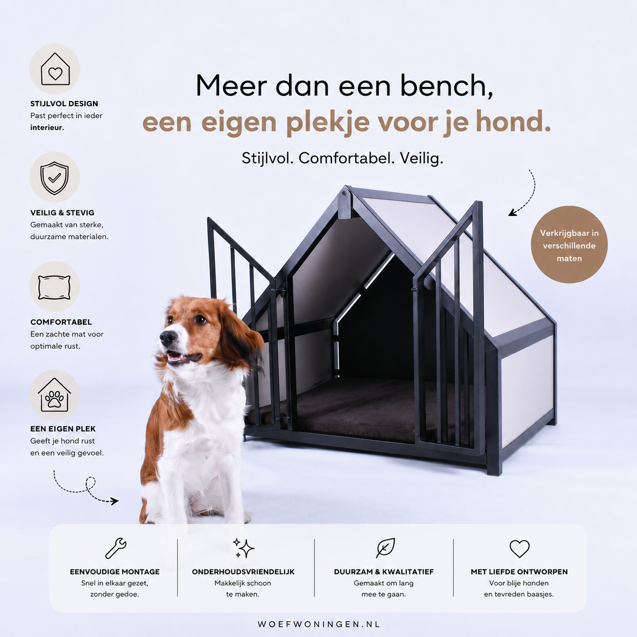 Hondenbench huisje staal en hout creme, stijlvol en comfortabel, ideaal voor je hond in verschillende maten.