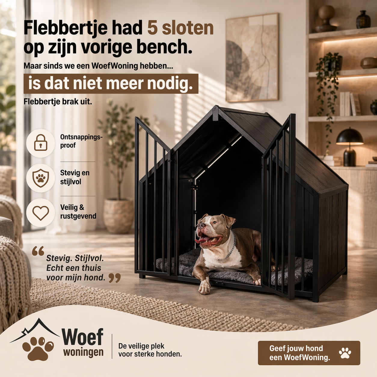 Hondenbench huisje staal en hout zwart