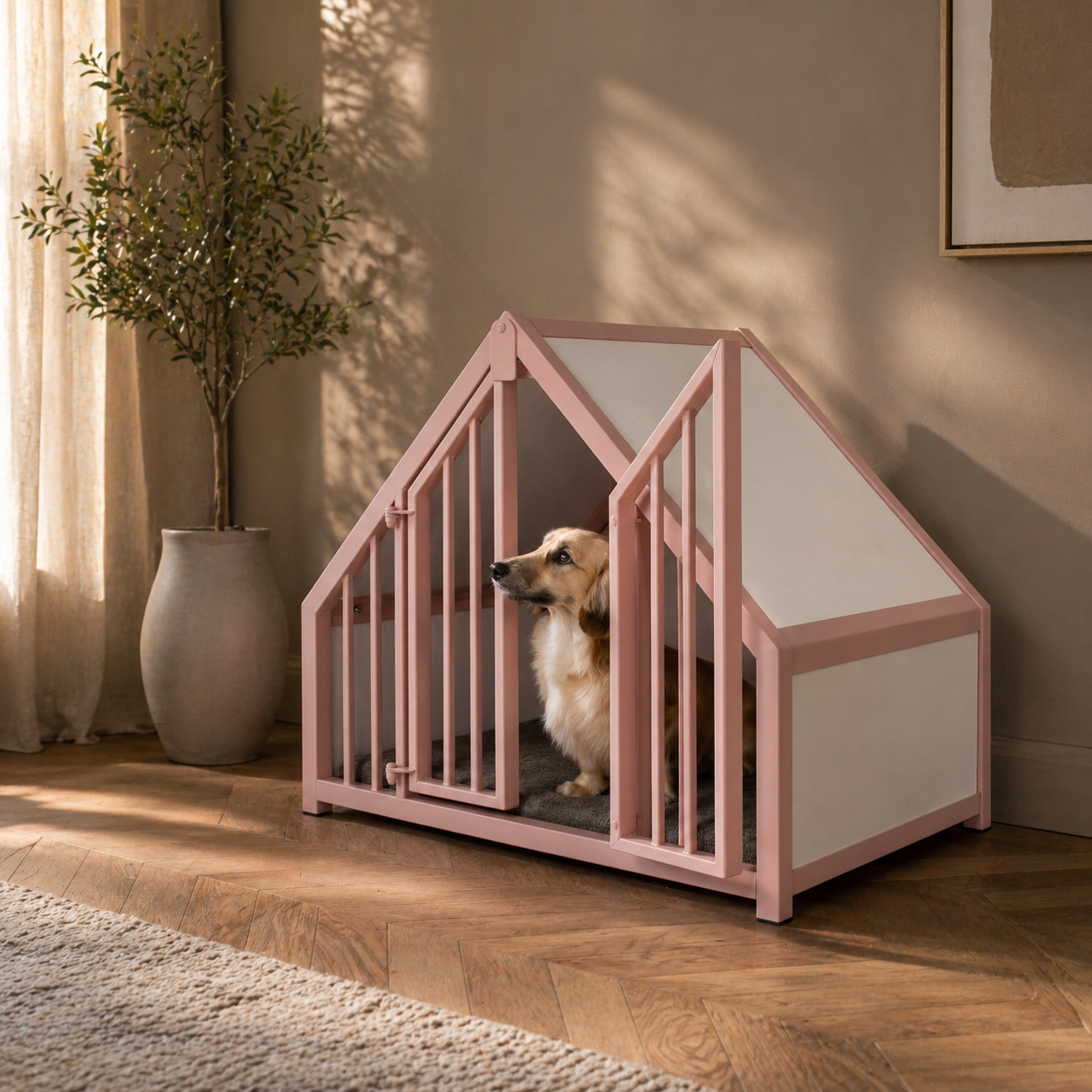 Hondenbench huisje staal en hout wit