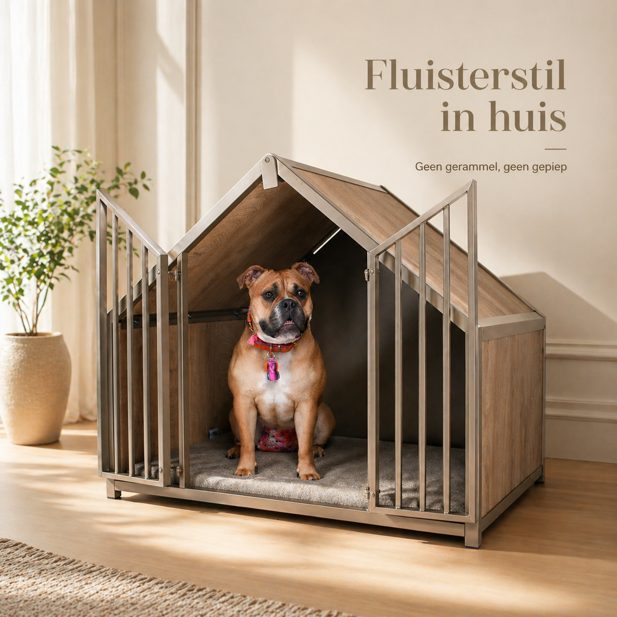 Hondenbench huisje staal en hout light oak