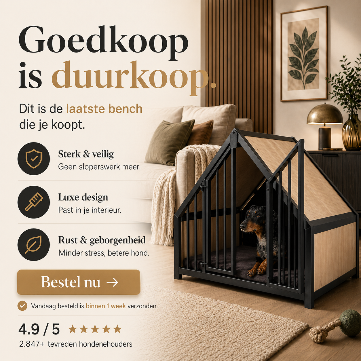 Hondenbench huisje staal en hout light oak