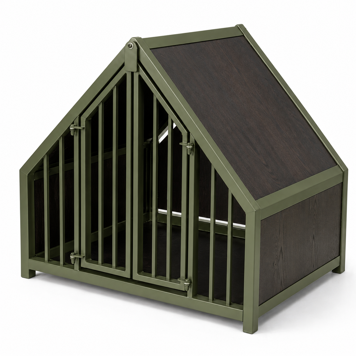 Stalen hondenbench huisje hout zwart – detailfoto