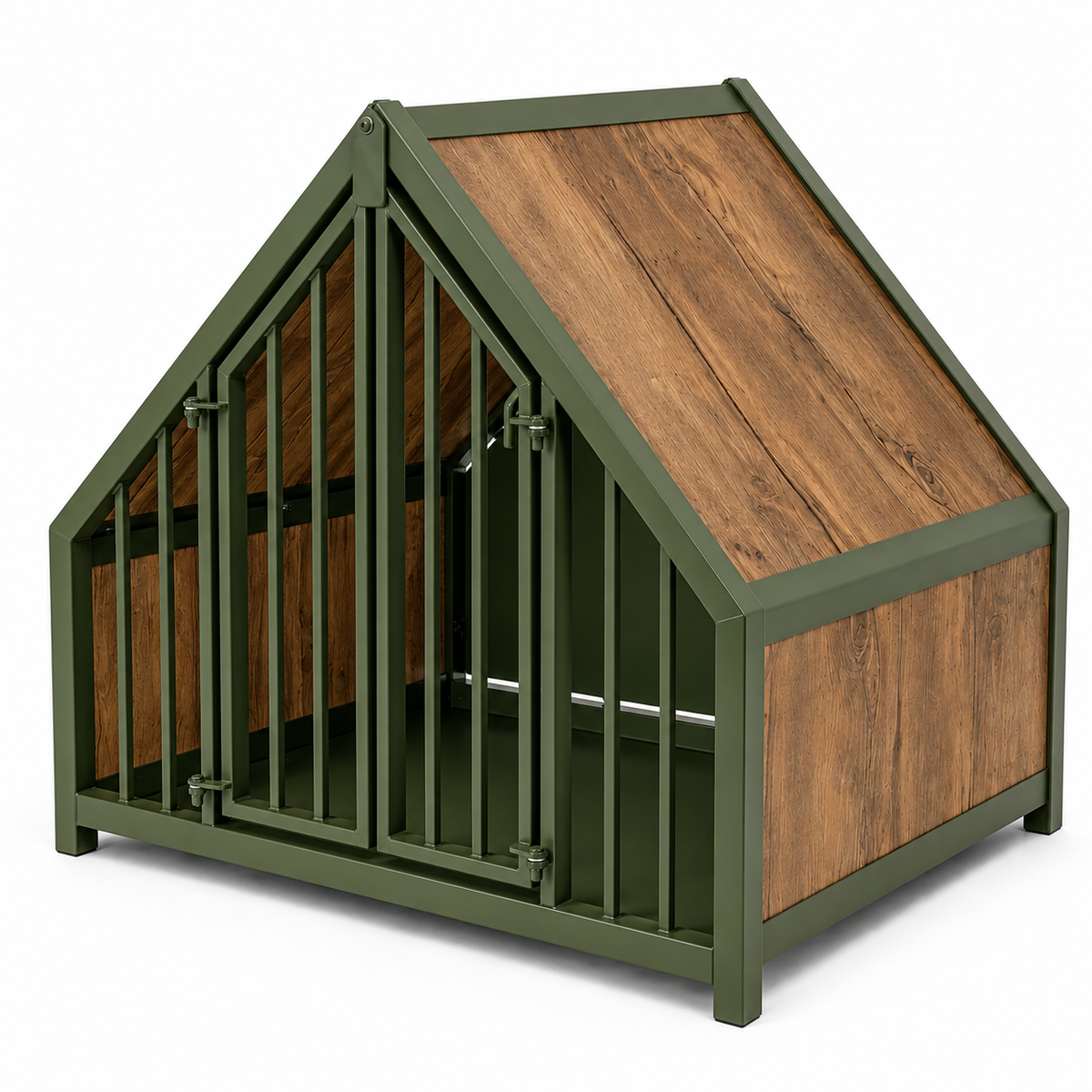 Stalen hondenbench huisje hout wild wood – close-up