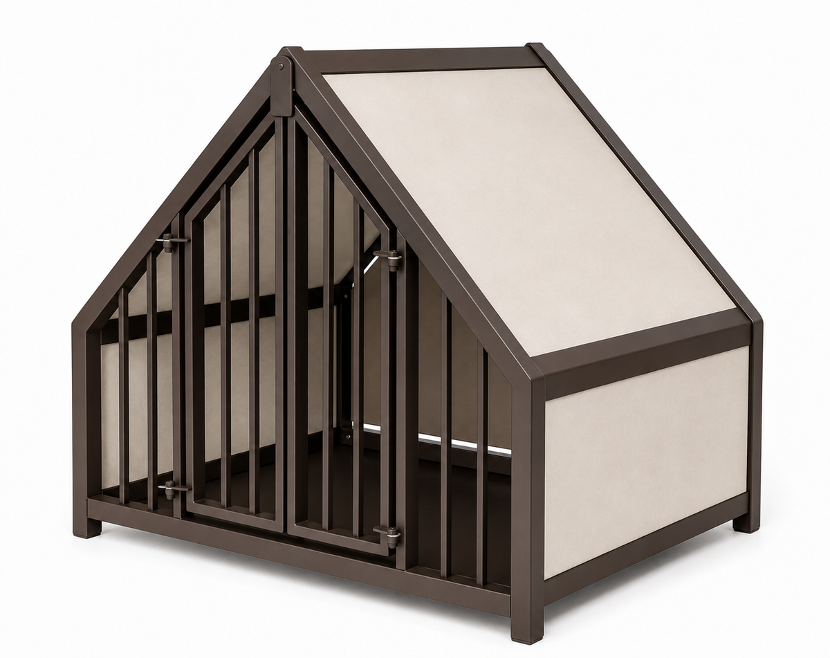 Stalen hondenbench huisje hout creme – productfoto