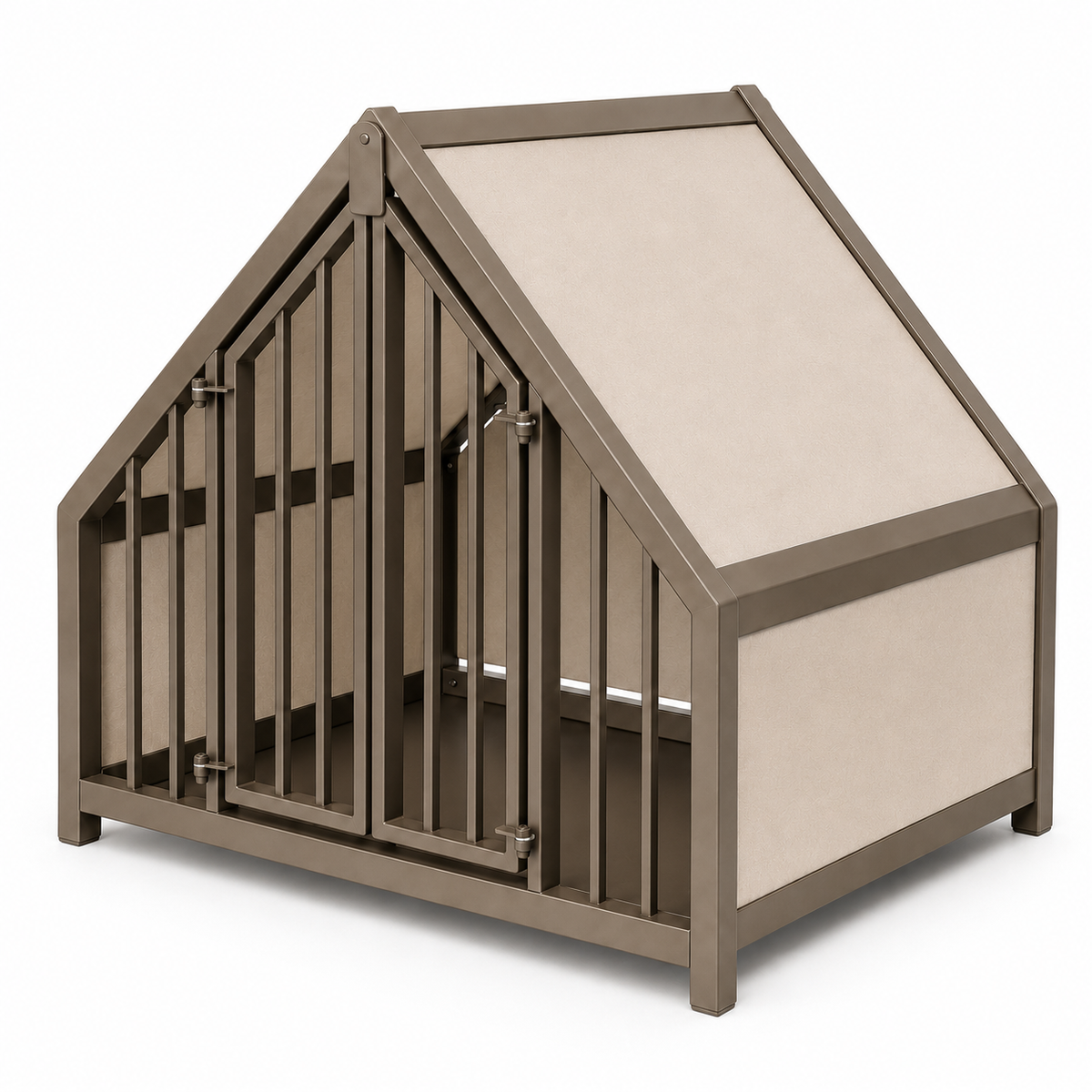 Stalen hondenbench huisje hout creme – close-up