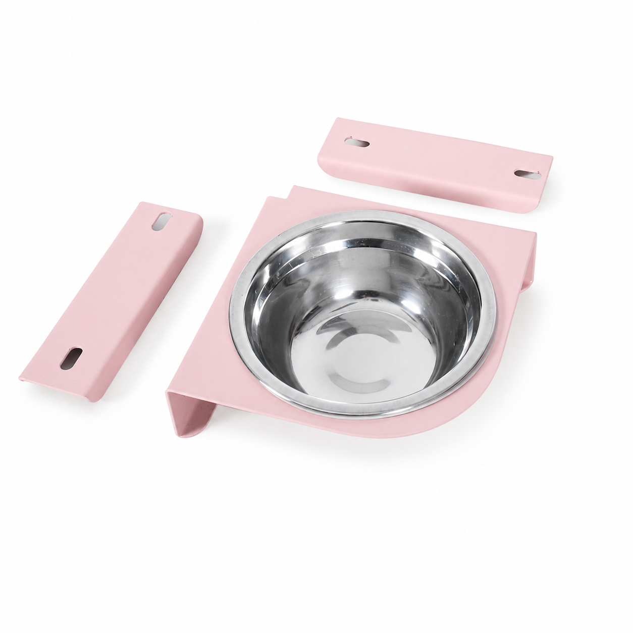 Stalen hoek drinkbak voor aan bench in roze met RVS kom, ideaal voor honden drinkbak bench.