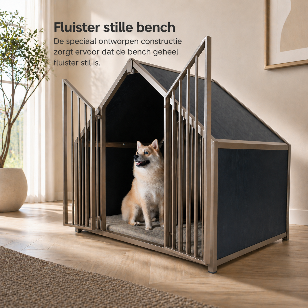 Hondenbench huisje staal en hout zwart