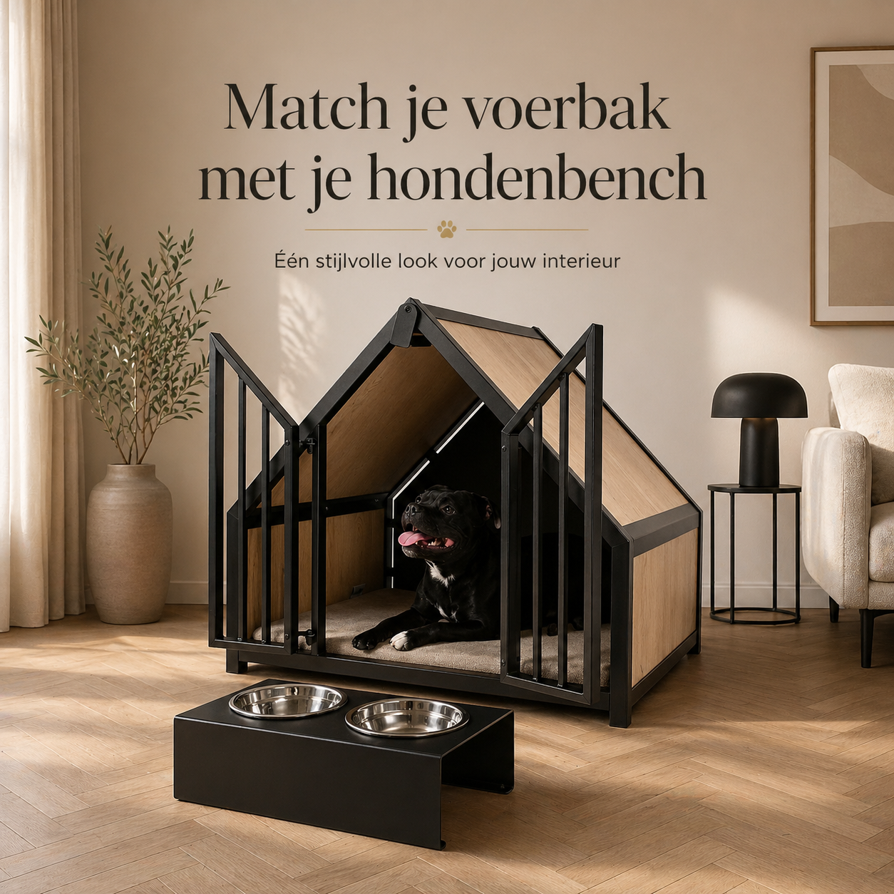 Hondenbench huisje staal en hout light oak