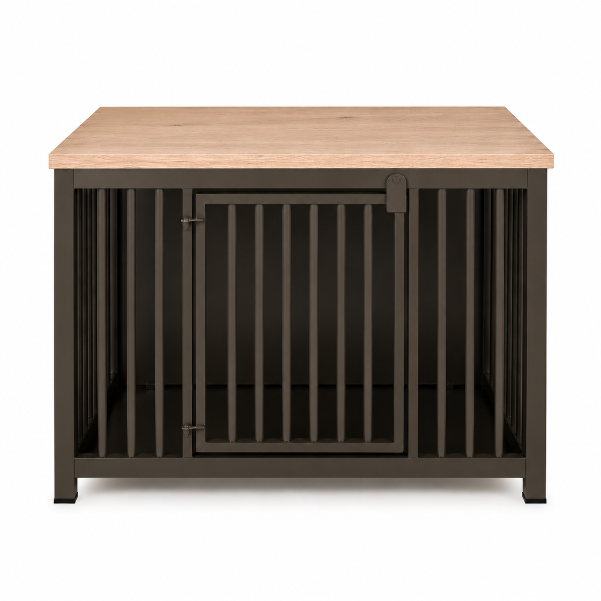 Stalen hondenbench met massief eiken – close-up