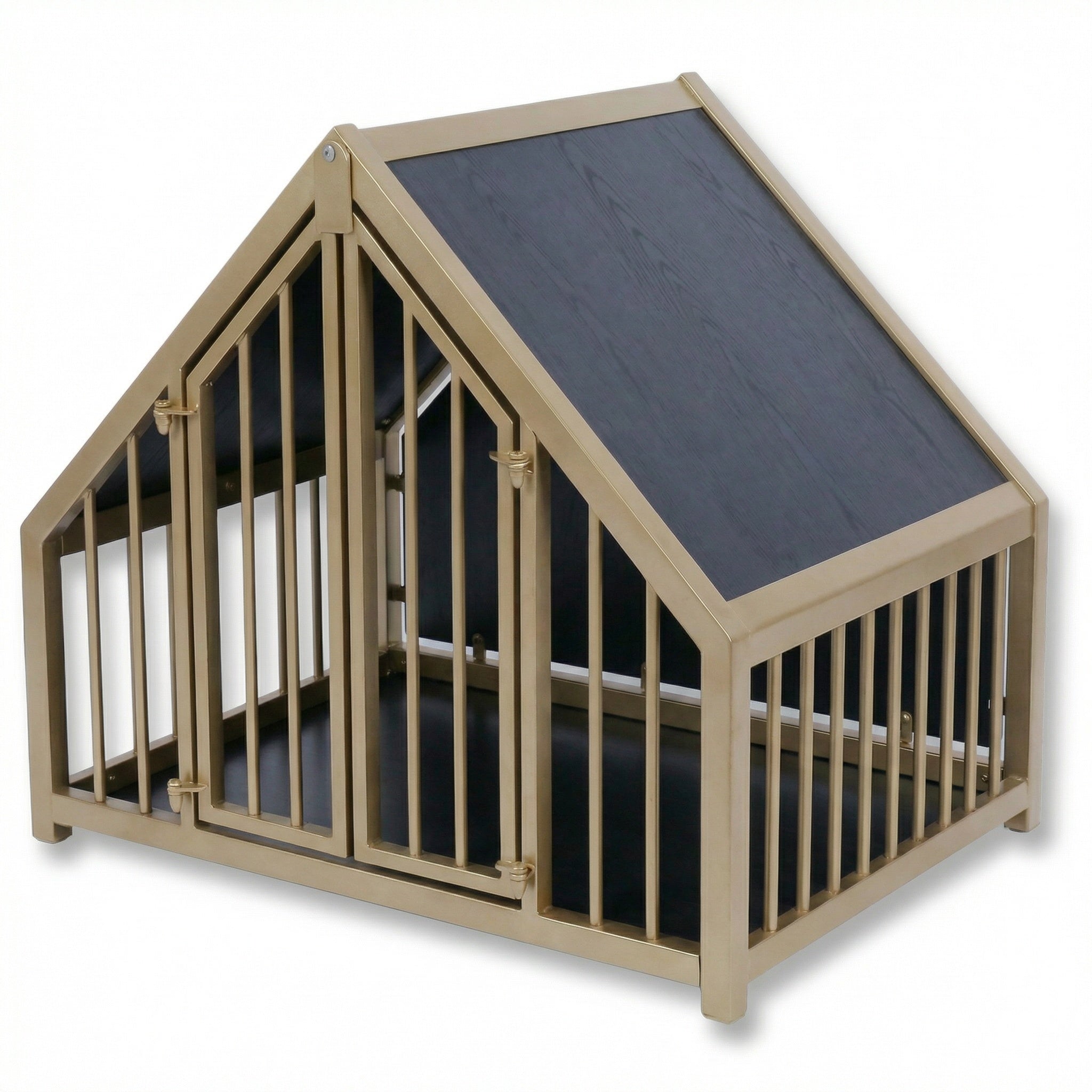 Hondenbench huisje staal en hout met zijkanten spijlen
