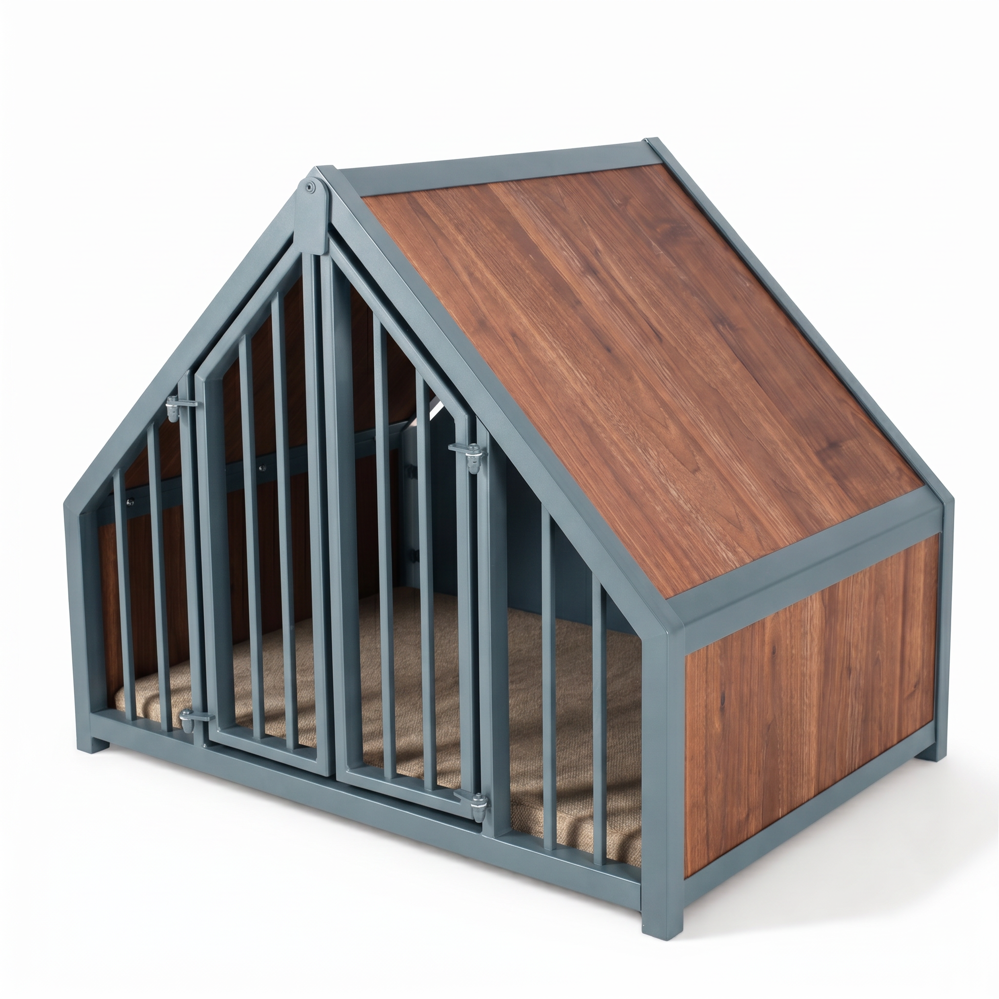 Hondenbench huisje staal en hout noten