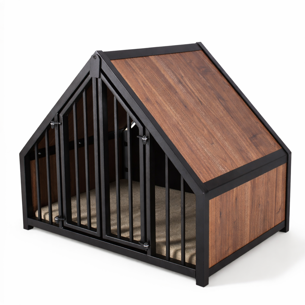 Hondenbench huisje staal en hout noten met stijlvolle houten design en stevige stalen basis