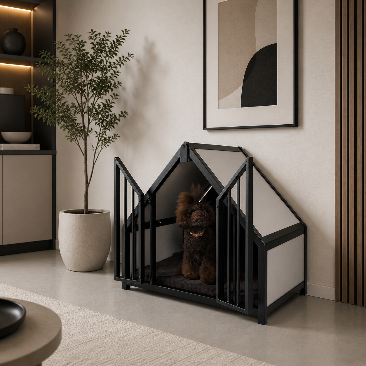 Hondenbench huisje staal en hout Clay met een hond in een modern interieur.