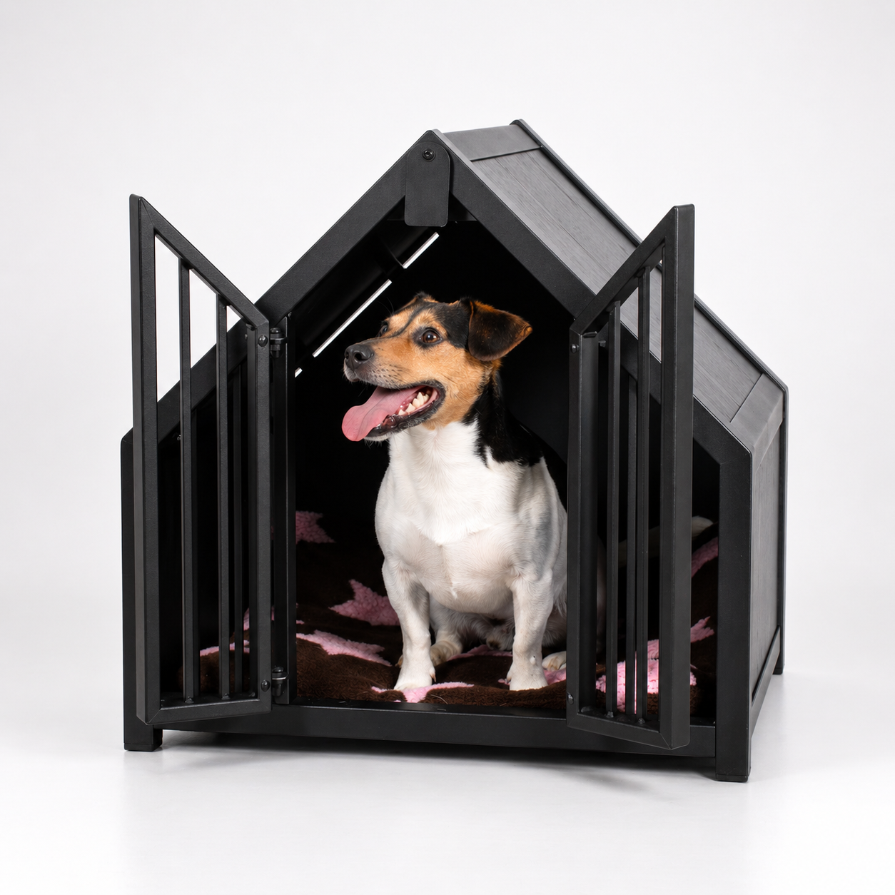 Jack russel in Zwarte bench huis hondenbench zwart hout op kussen 