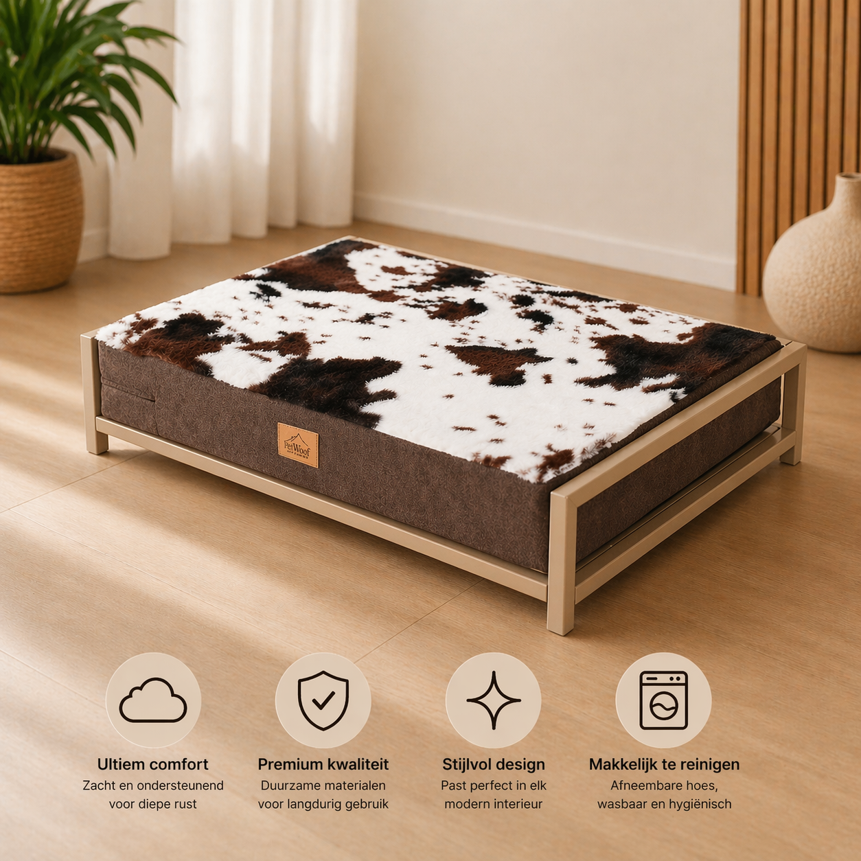 Stalen Hondenmand caramel gepoedercoat met Koeienprint Kussen