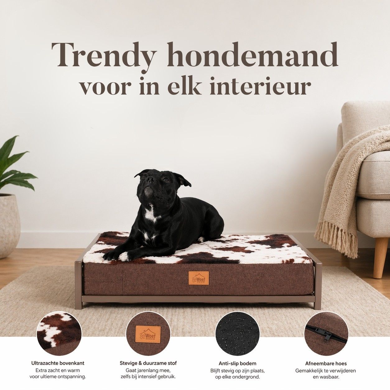Stalen Hondenmand koffie gepoedercoat met Koeienprint Kussen