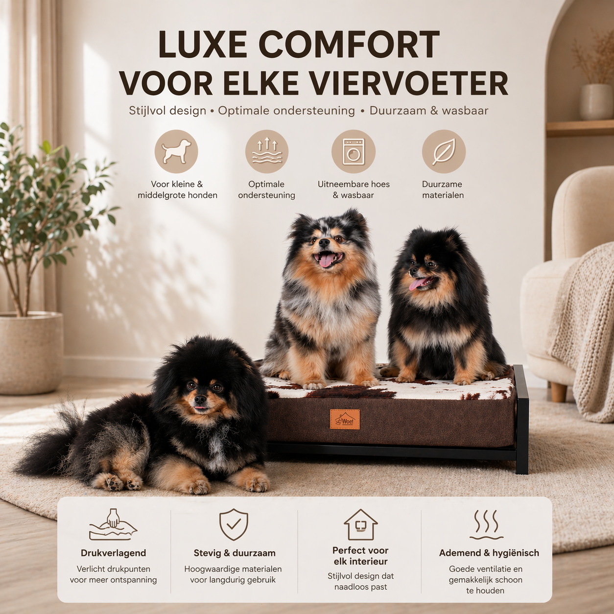 Stalen Hondenmand zwart gepoedercoat met Koeienprint Kussen