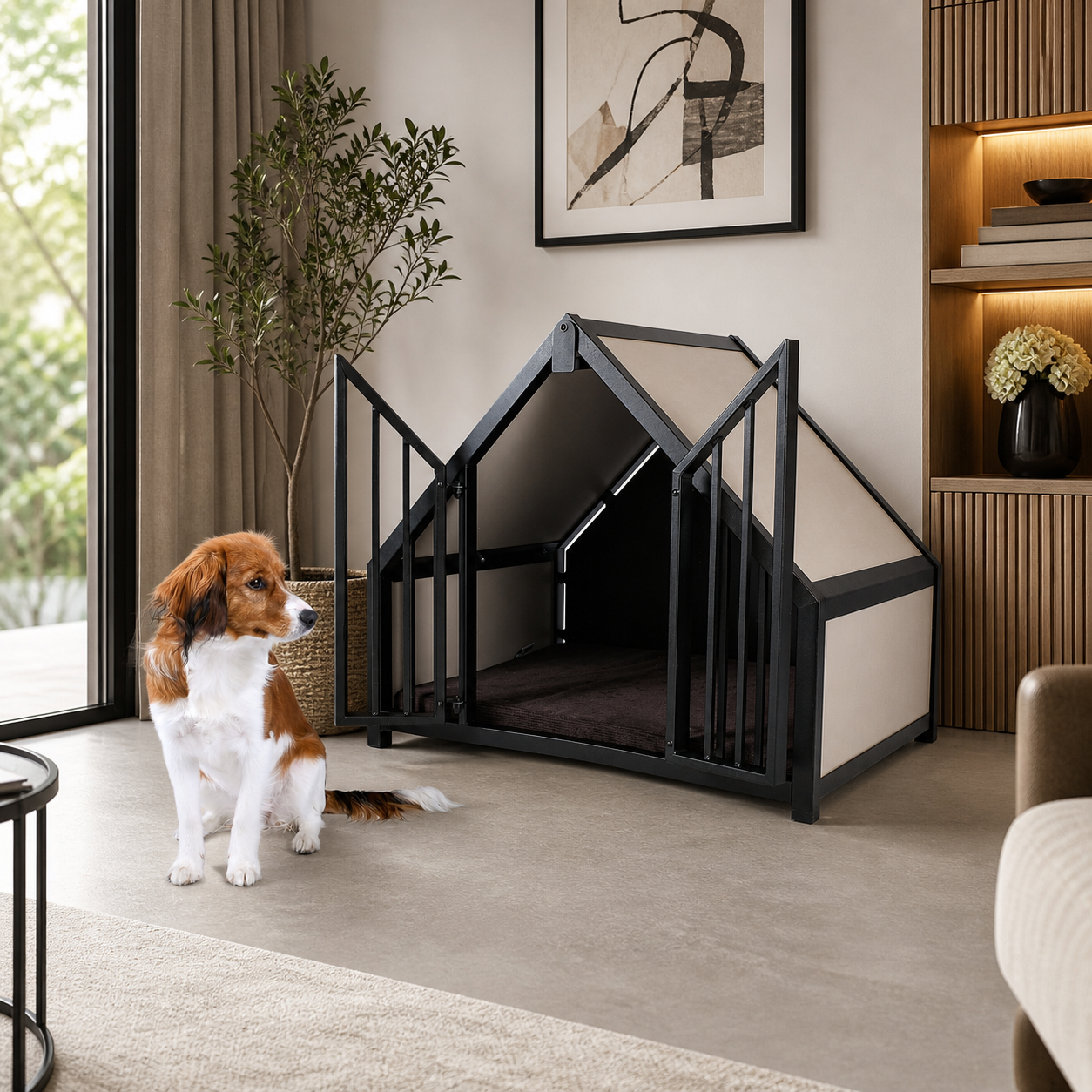 Hondenbench huisje staal en hout creme met hondenmodel en moderne interieuromgeving.