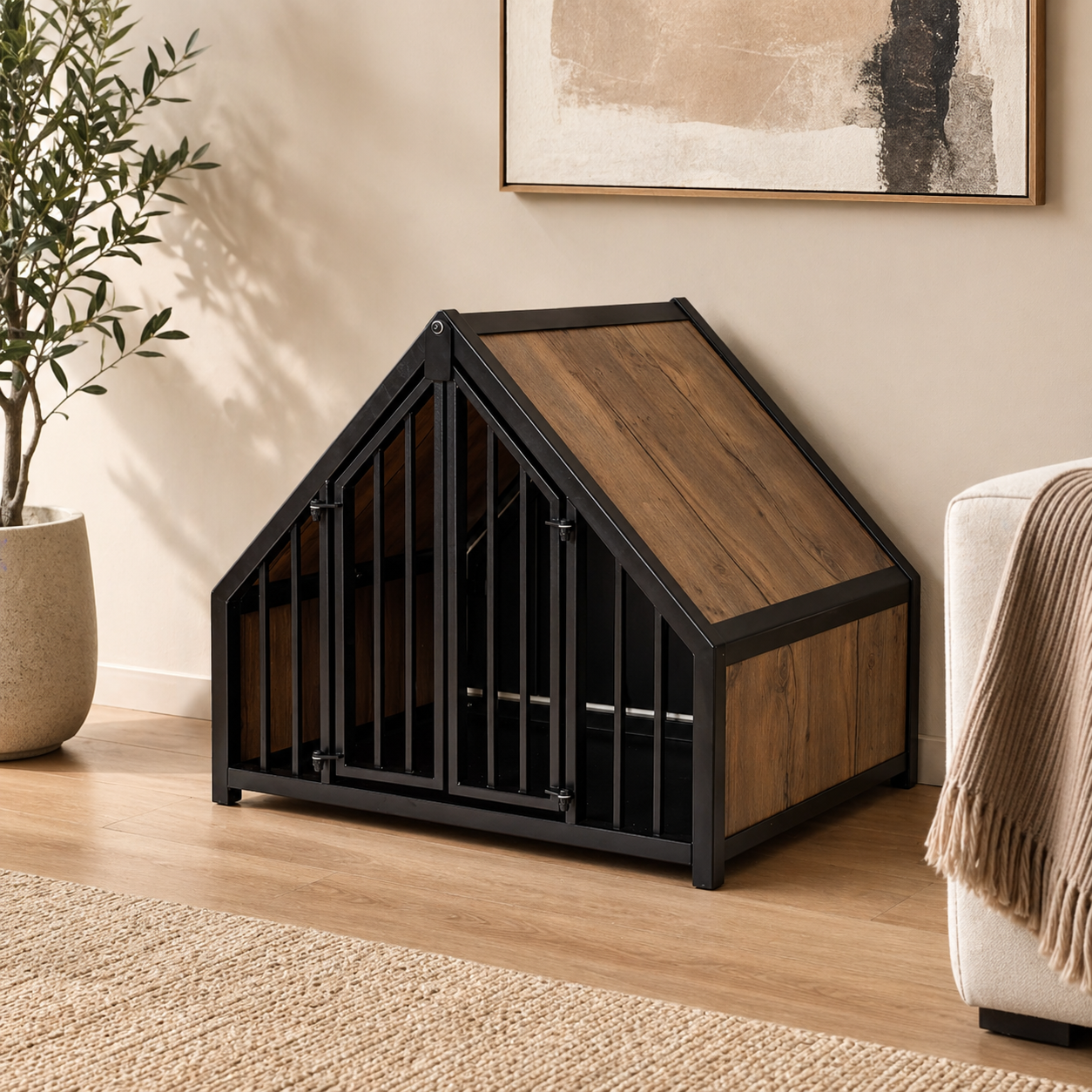 Stevige hondenbench huis wild wood japandi huis rustig stil huisje voor hond