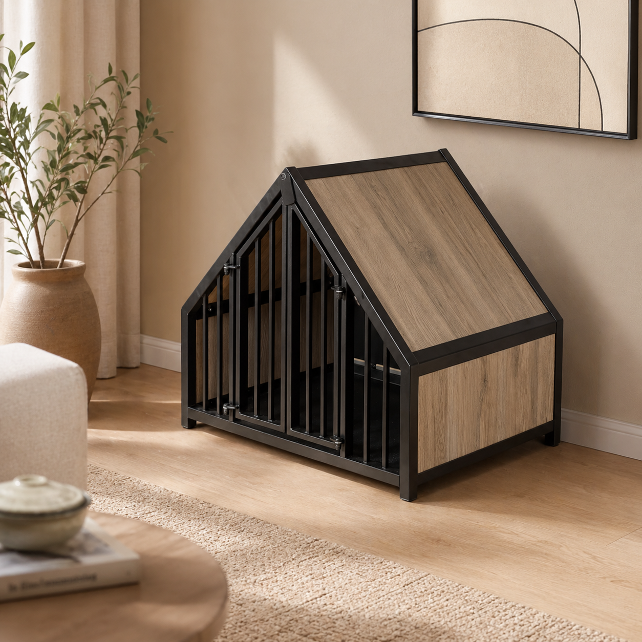 Stevige stalen hondenbench huis Sanremo licht hout japandi huis 