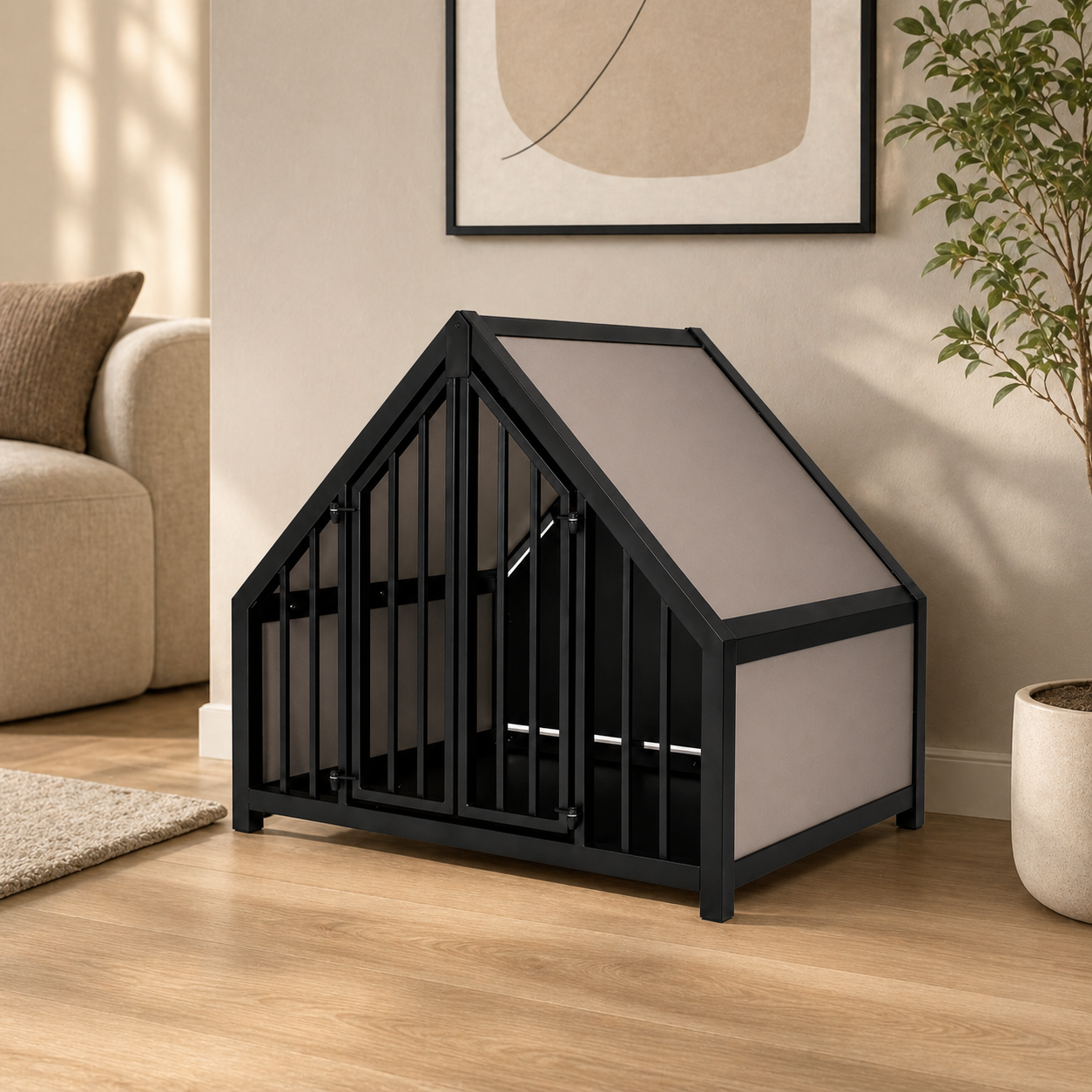 Hondenbench staal en hout latte macchiato in moderne woonkamer met houten vloer.