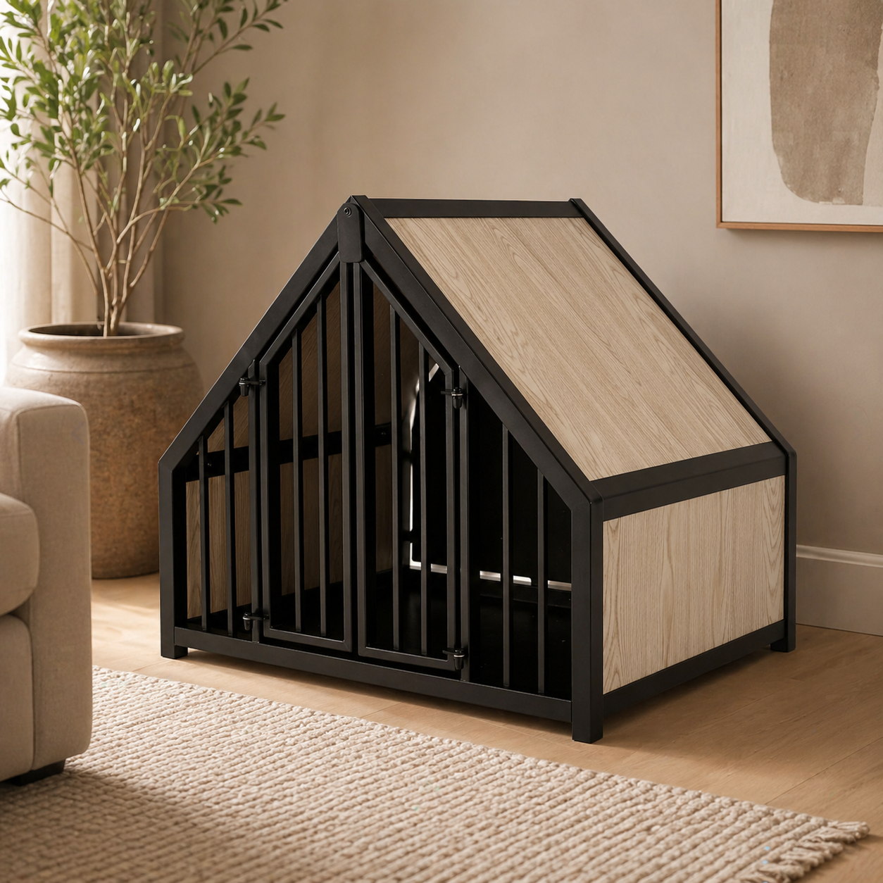 Stevige stalen hondenbench huis zwart light ook licht eiken japandi huis 