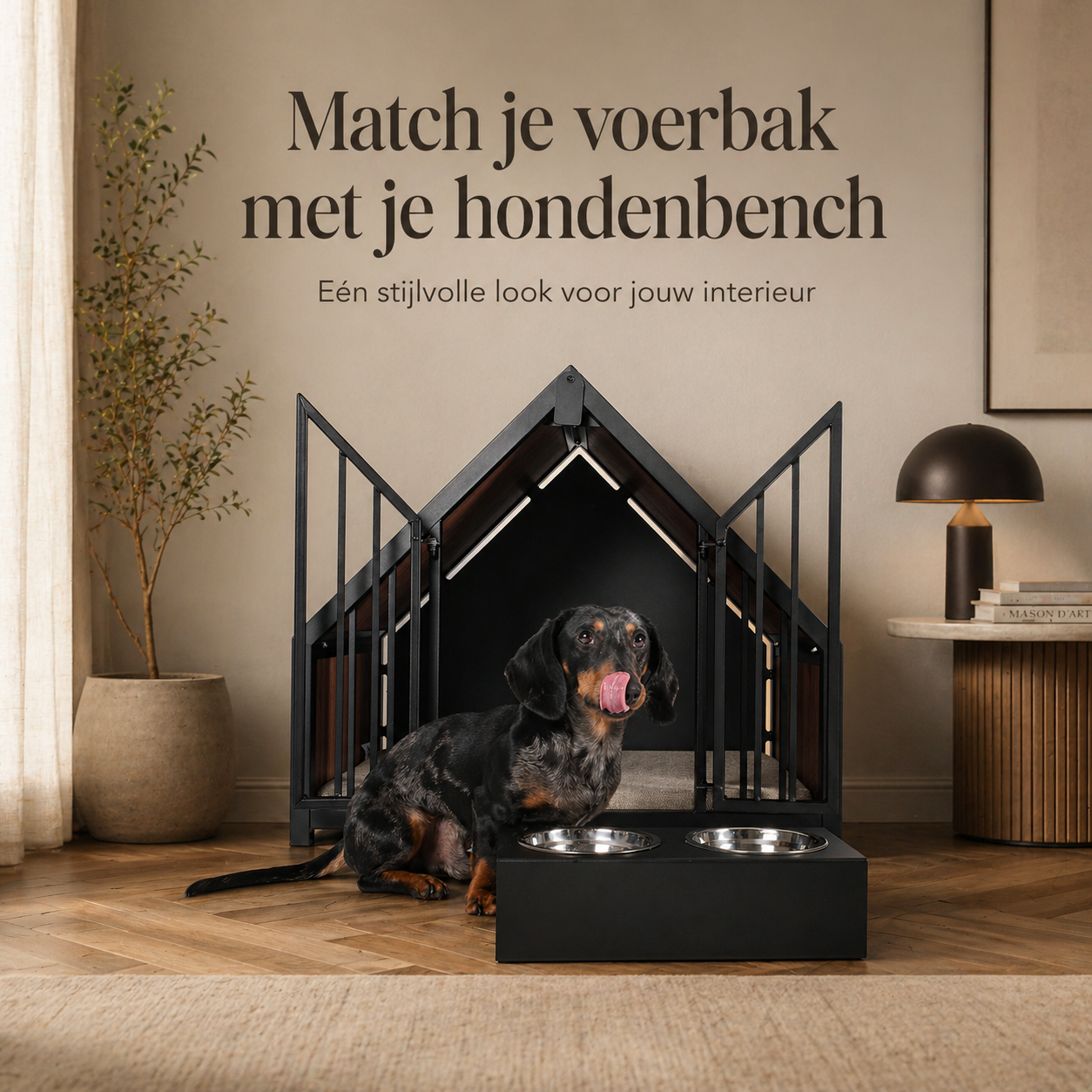 Stevige stalen hondenbench huis teckel met zwarte voerbak die matchen met de bench in japandi huis