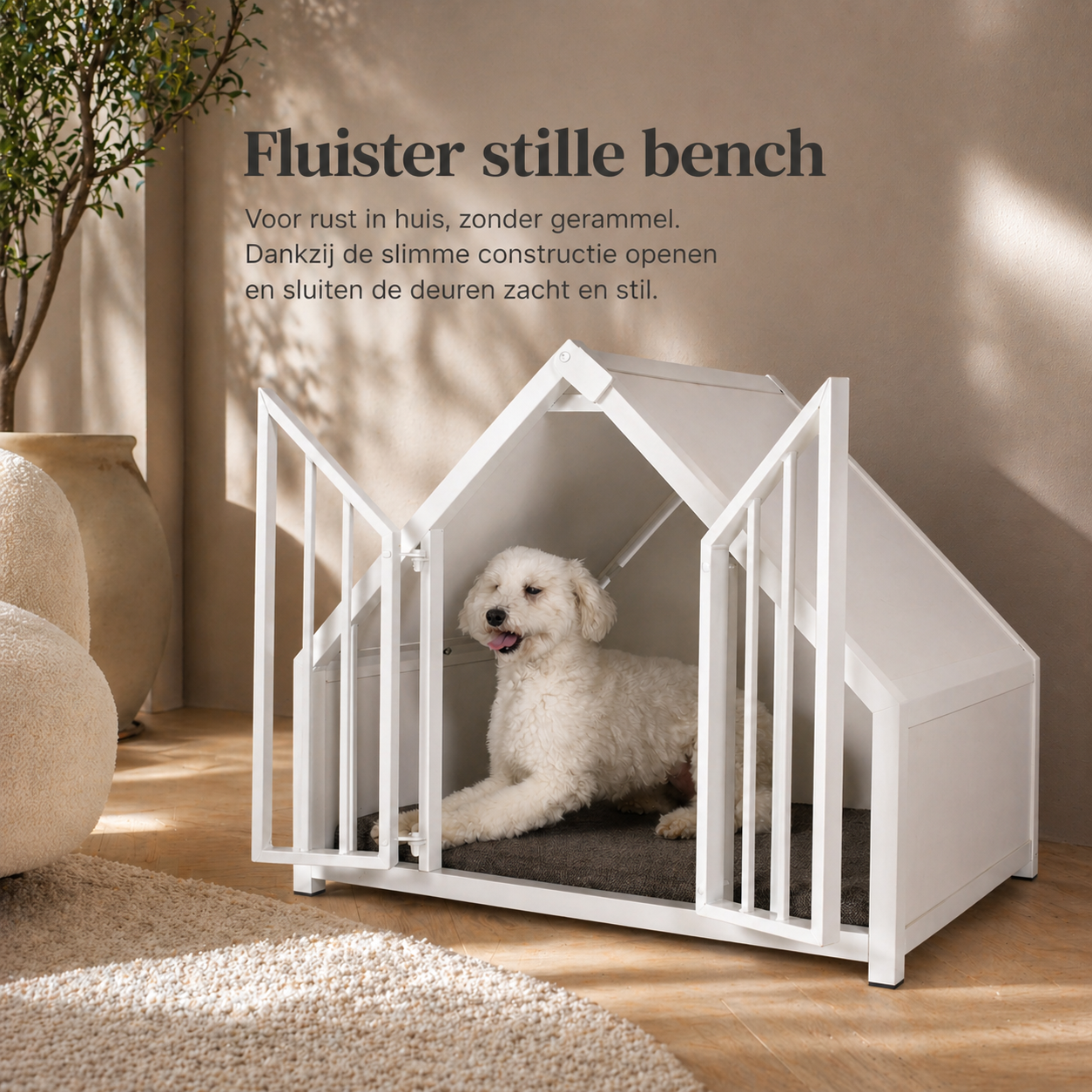 Stille stevige hondenbench huis wit poodel japandi huis wit hout fluister stil 