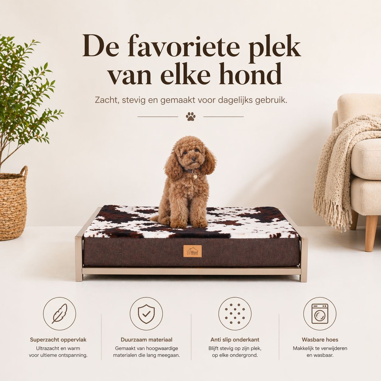 Stalen Hondenmand caramel gepoedercoat met Koeienprint Kussen