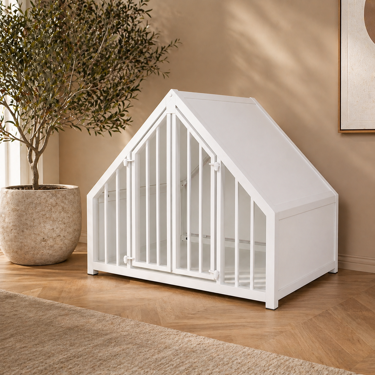 Witte hondenbench met wit hout huisje in japandi huis met visgraatvloer