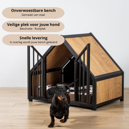 Hondenbench huisje staal en hout light oak