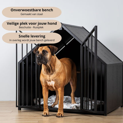 Hondenbench huisje staal en hout zwart